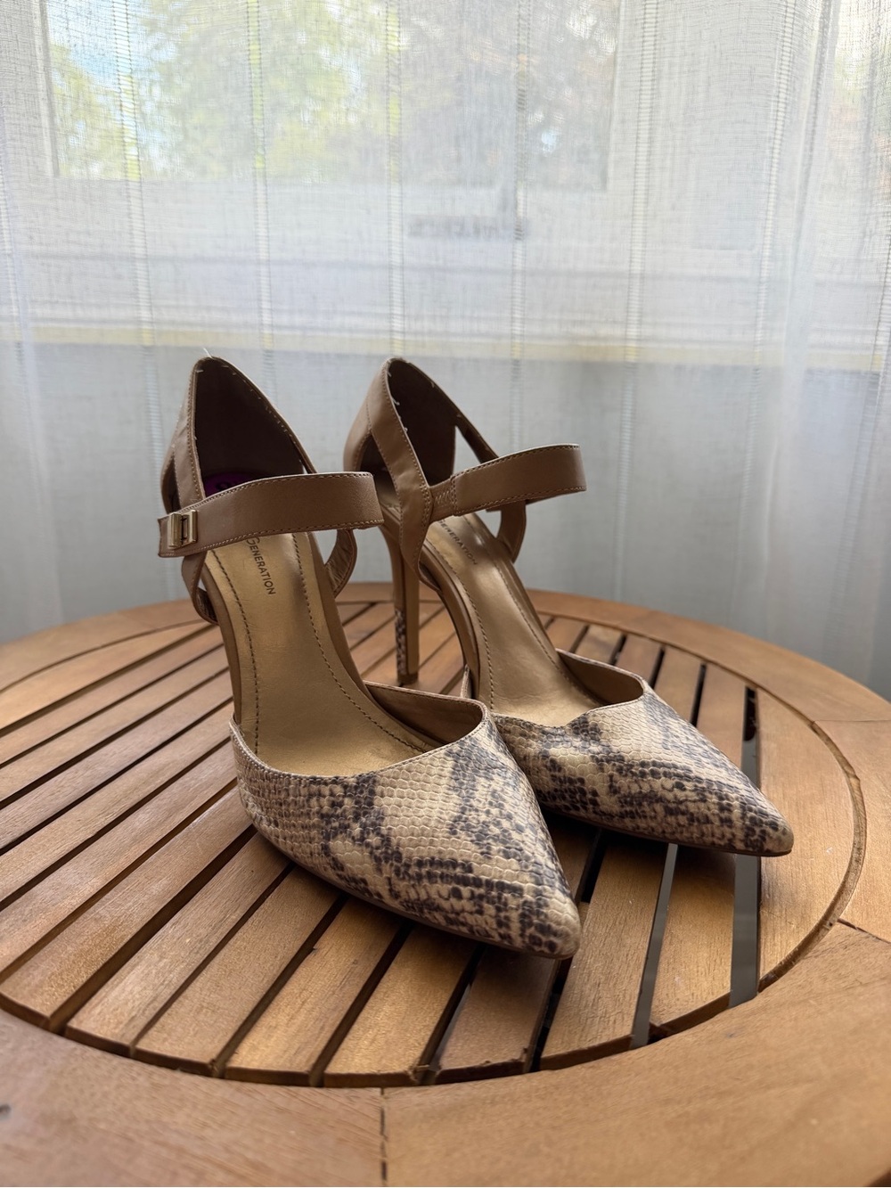 BCBGeneration Snake-Print Pointed-Toe Ankle-Strap Heels in Brown